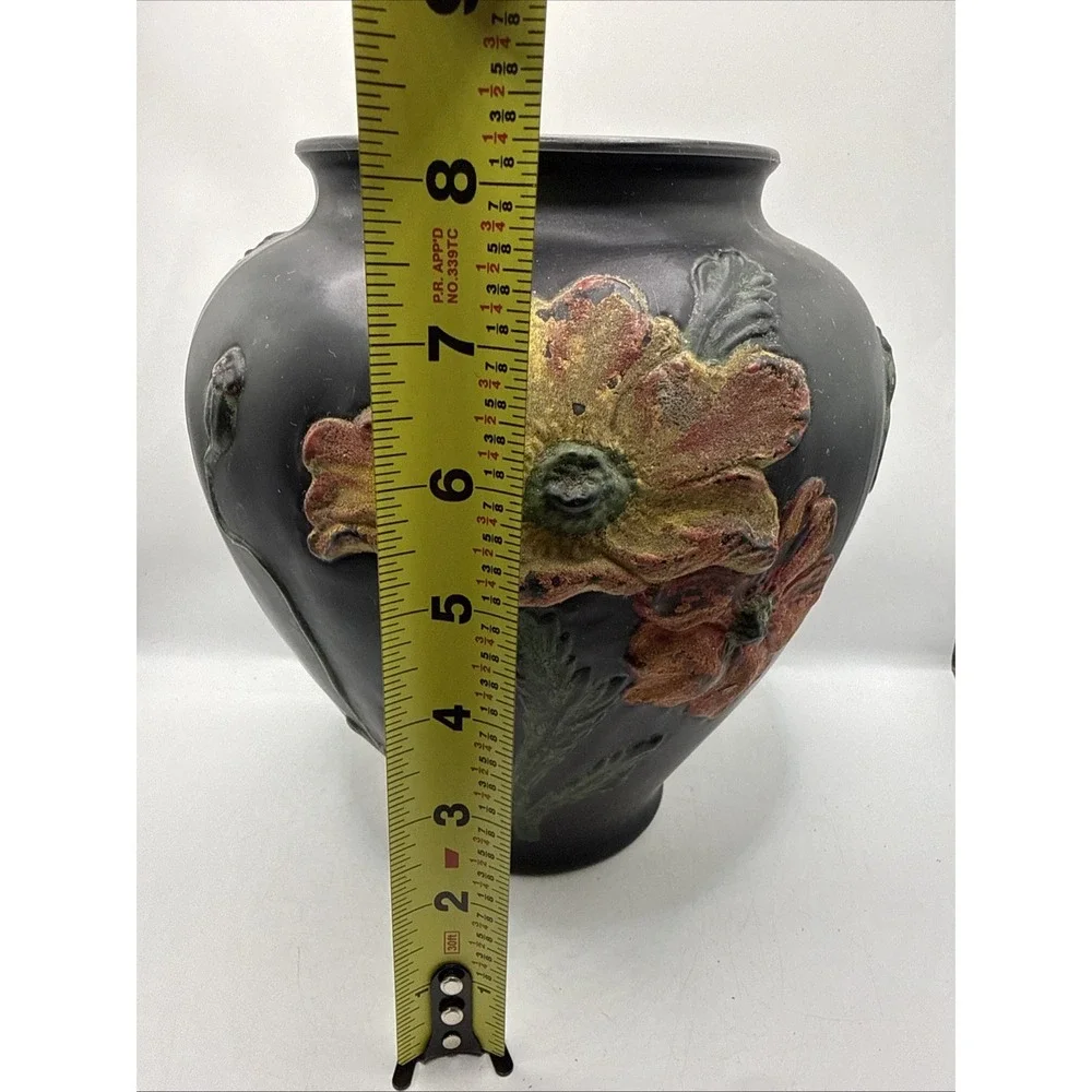 Antique 1920 Tiffin Black Satin 3D Coralene red orange & yellow Poppy glass Vase
